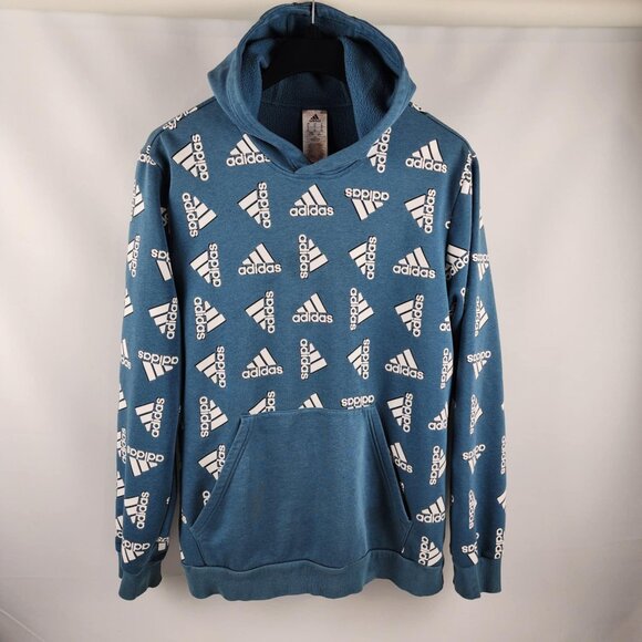 adidas Hoodie Mens XL Teal Blue All Over Print Fleece L/S Sweatshirt - Picture 1 of 7